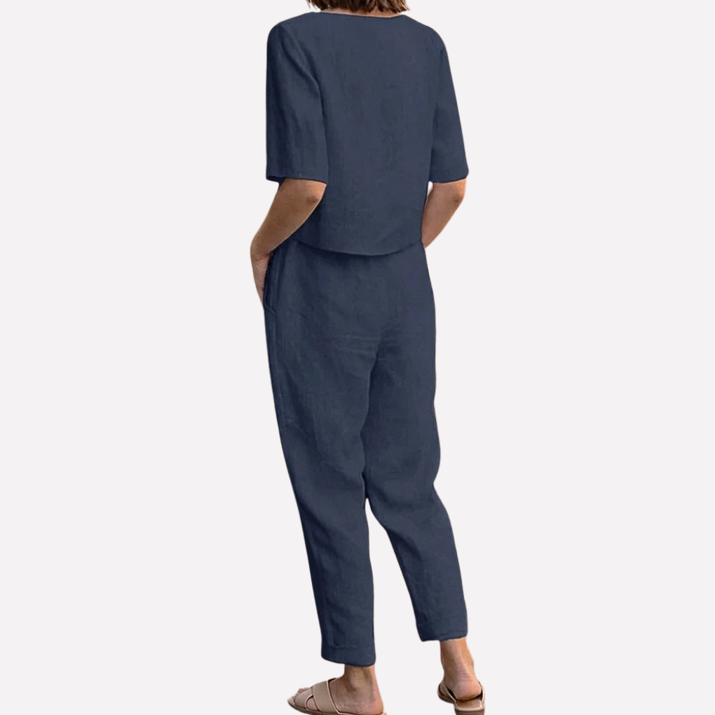 Navy blue women's two-piece set, a comfortable & stylish coordinated outfit. Perfect for versatile casual wear.