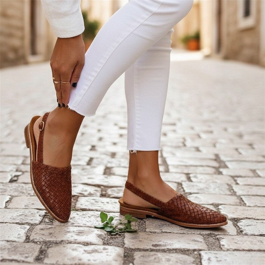 Light brown women's cushioned woven loafers, perfect comfortable slip-on flats for casual everyday wear.