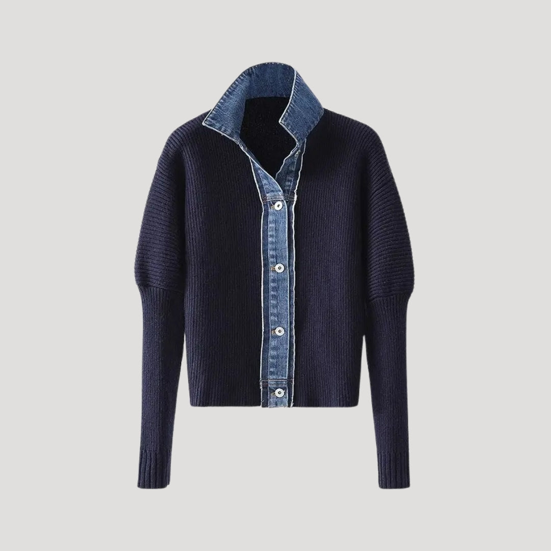 Women's navy long sleeve cardigan with elegant contrast trim, perfect for chic layering.