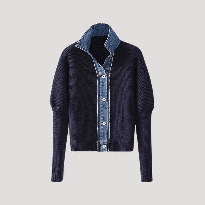 Women's navy long sleeve cardigan with elegant contrast trim, perfect for chic layering.
