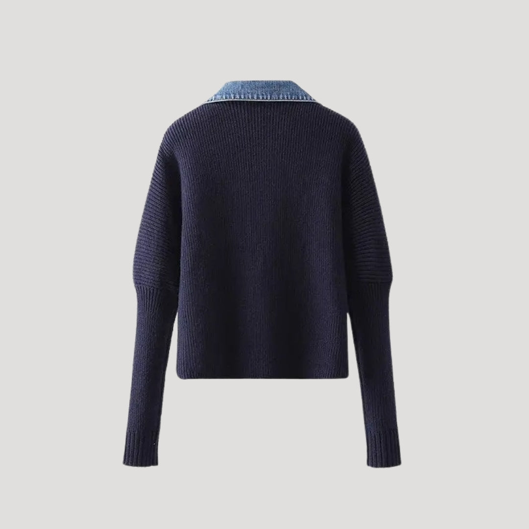 Chic women's contrast trim cardigan, a versatile long sleeve navy layer for all season fashion.