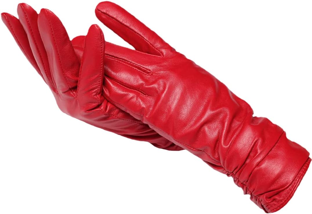 Warm and cozy women's winter leather gloves, perfect for cold weather and elegant outfits.