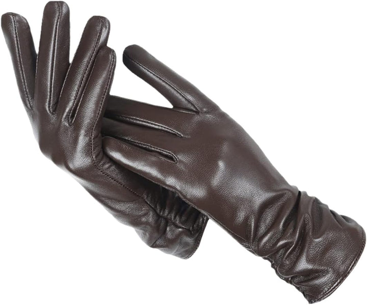 Black leather women's gloves, combining classic style with winter warmth and comfort.
