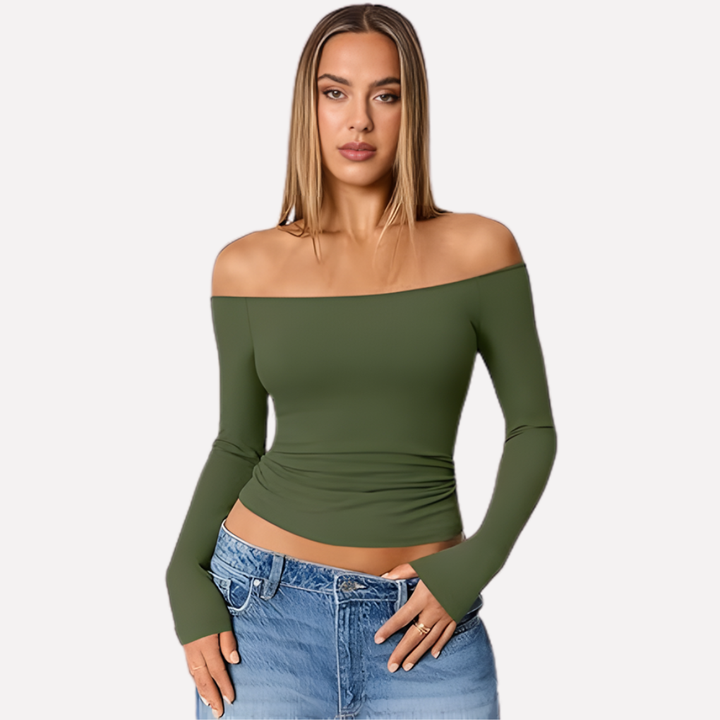 Women's off-the-shoulder long sleeve top, perfect for casual or evening wear, soft fabric comfort.