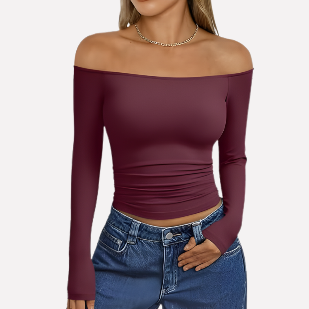Relaxed fit women's off-the-shoulder long sleeve top, stylish and comfortable fashion wear.
