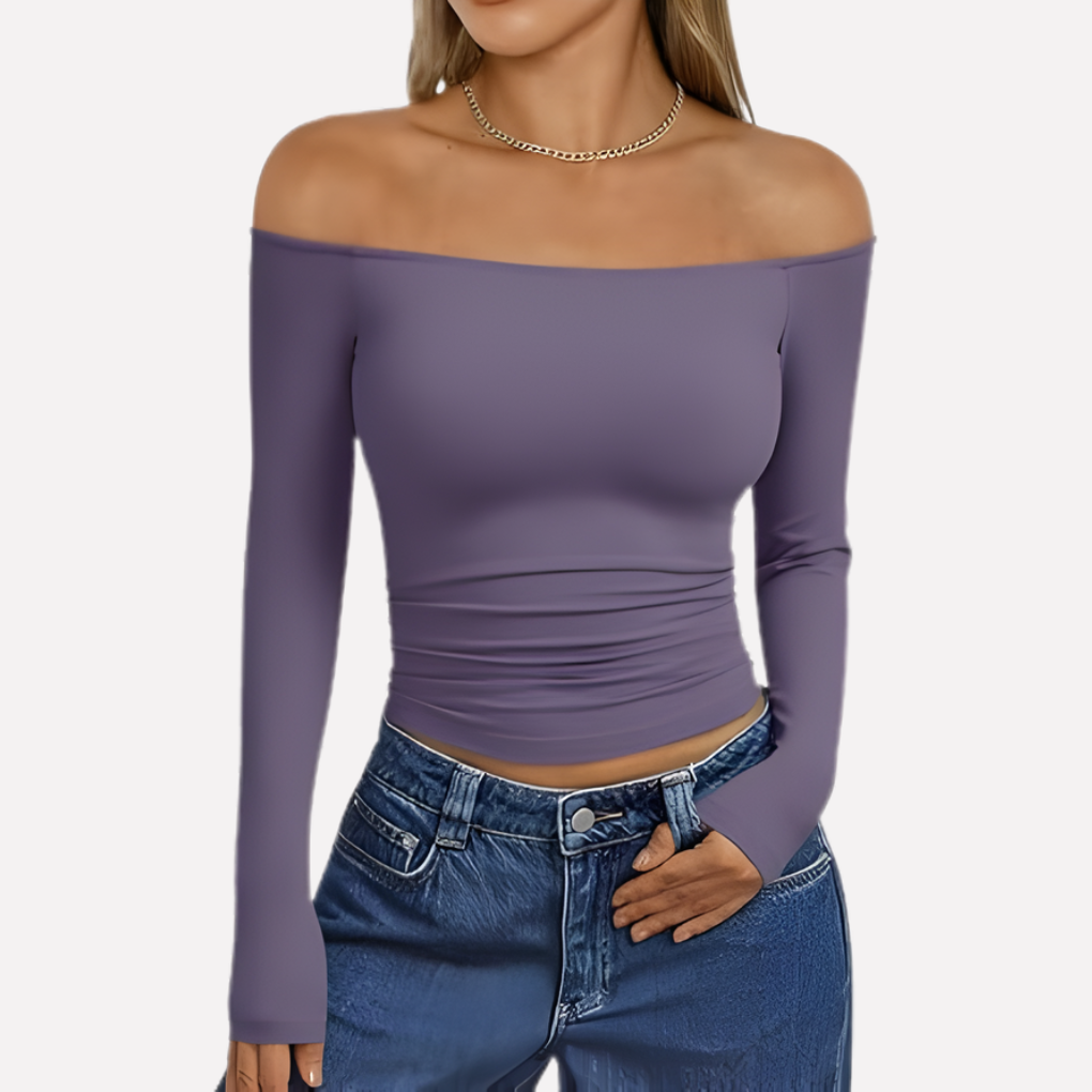 Trendy off-the-shoulder long sleeve top for women, a must-have stylish blouse for any wardrobe.