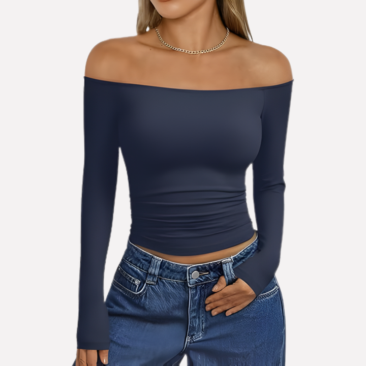 Elegant women's off-the-shoulder long sleeve top, casual comfort meets evening style fashion.
