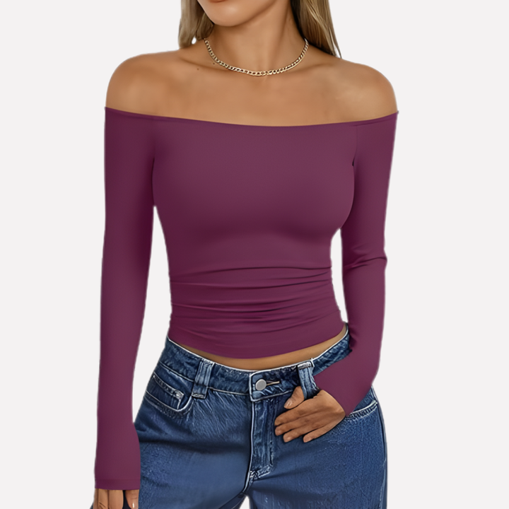 Graceful women's off-the-shoulder long sleeve top, soft, breathable fabric for all-day style.