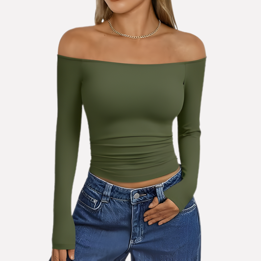 Comfortable women's off-the-shoulder long sleeve blouse, relaxed fit for everyday wear.