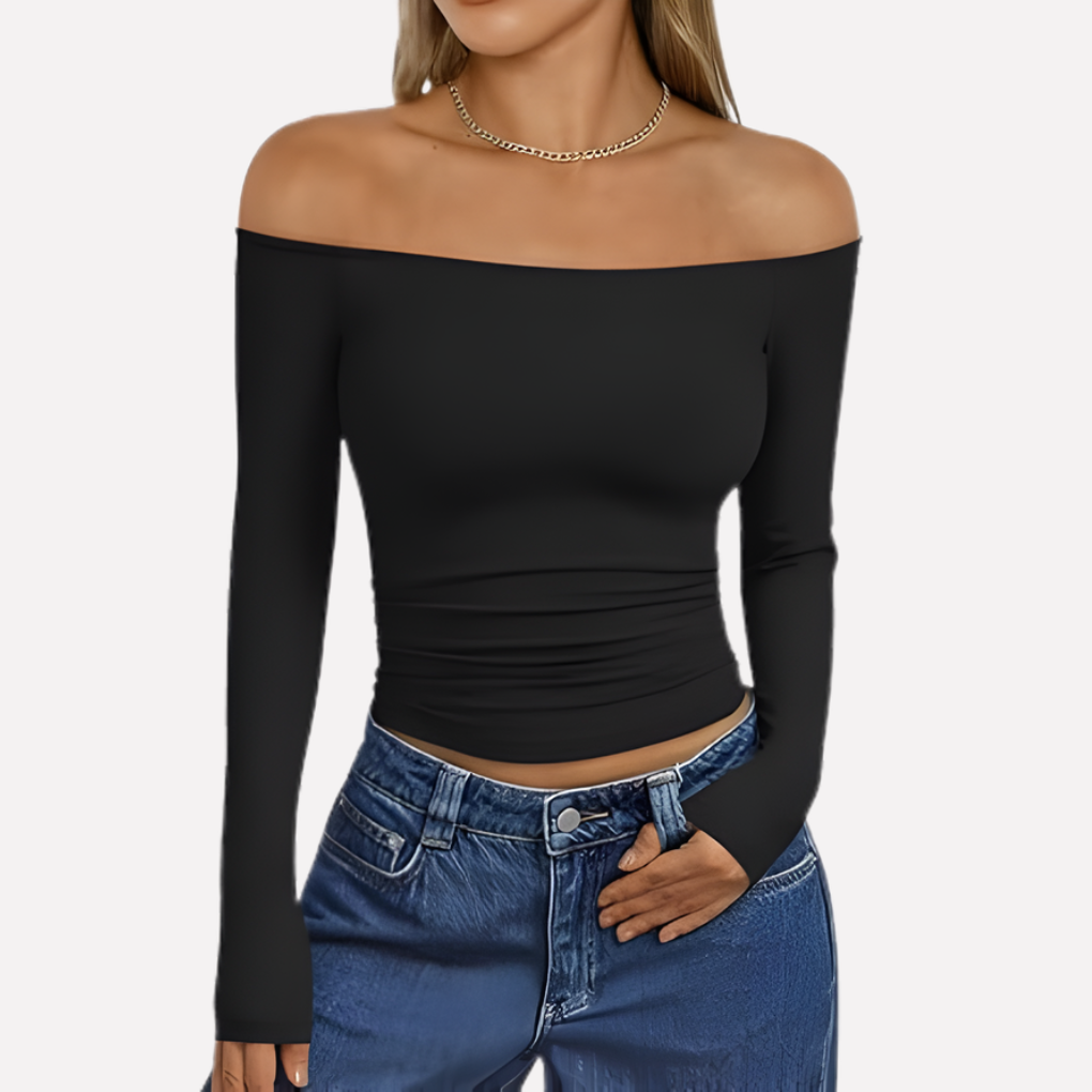 Chic women's off-the-shoulder long sleeve top, ideal for evening style or smart casual look.