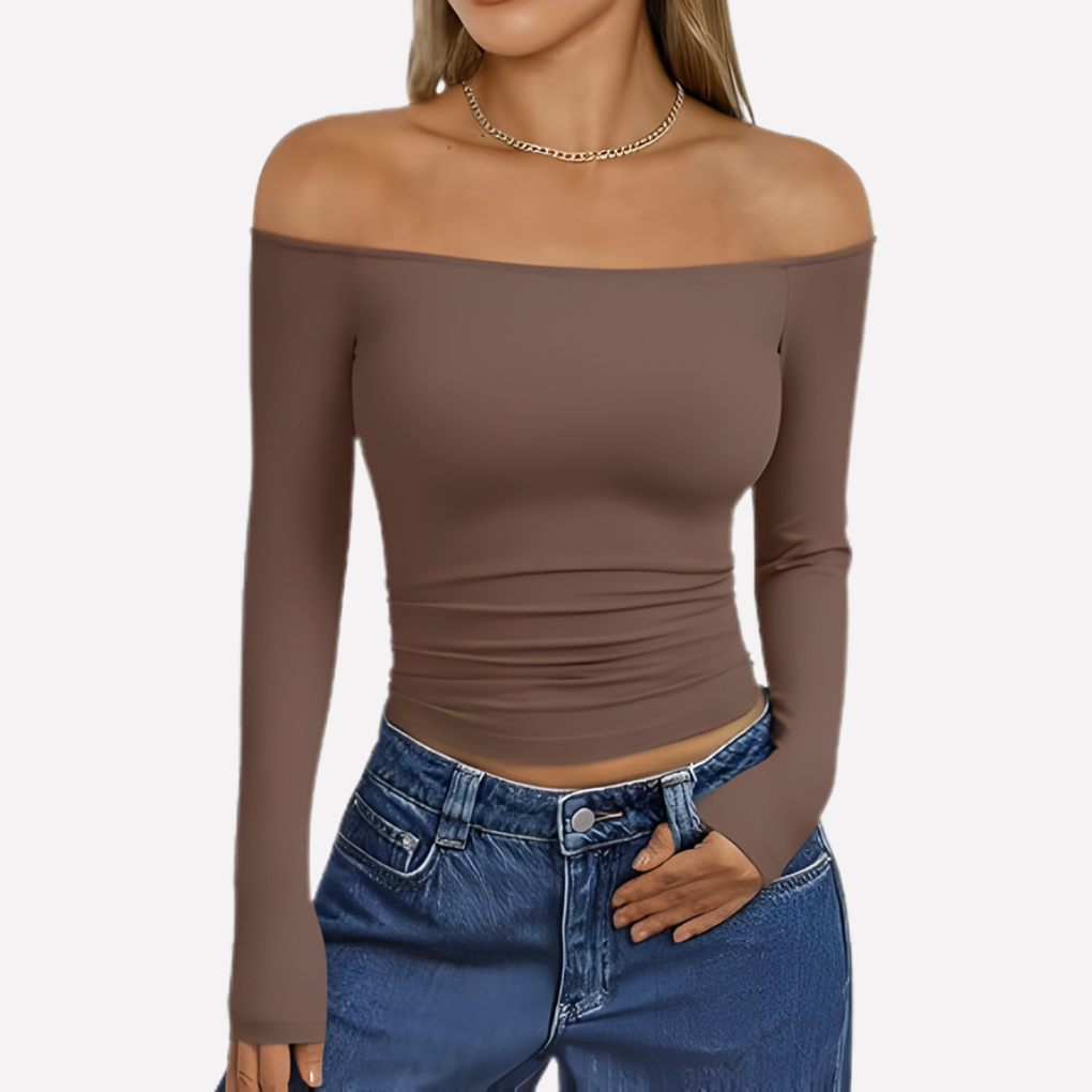 Soft knit women's off-the-shoulder long sleeve top, comfortable casual blouse for women.