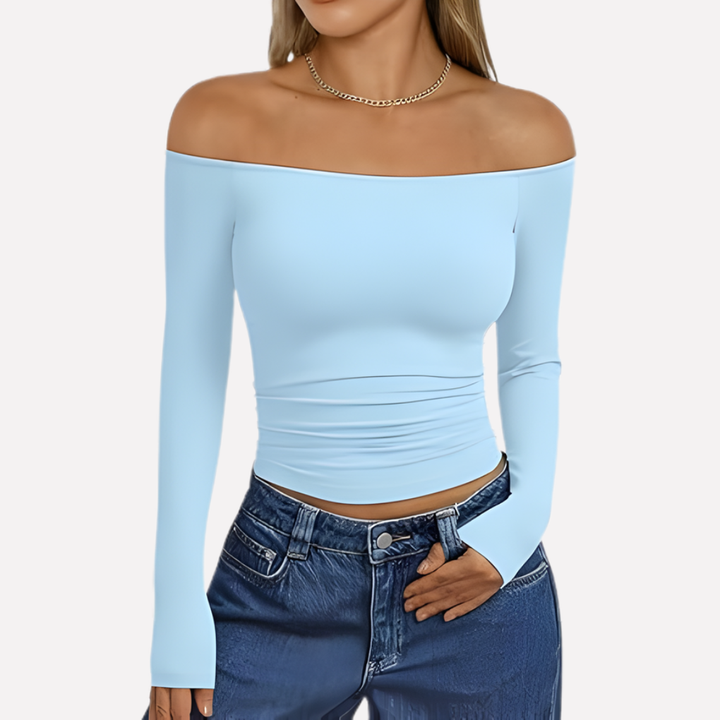 Black women's off-the-shoulder long sleeve top, elegant and comfortable casual blouse.