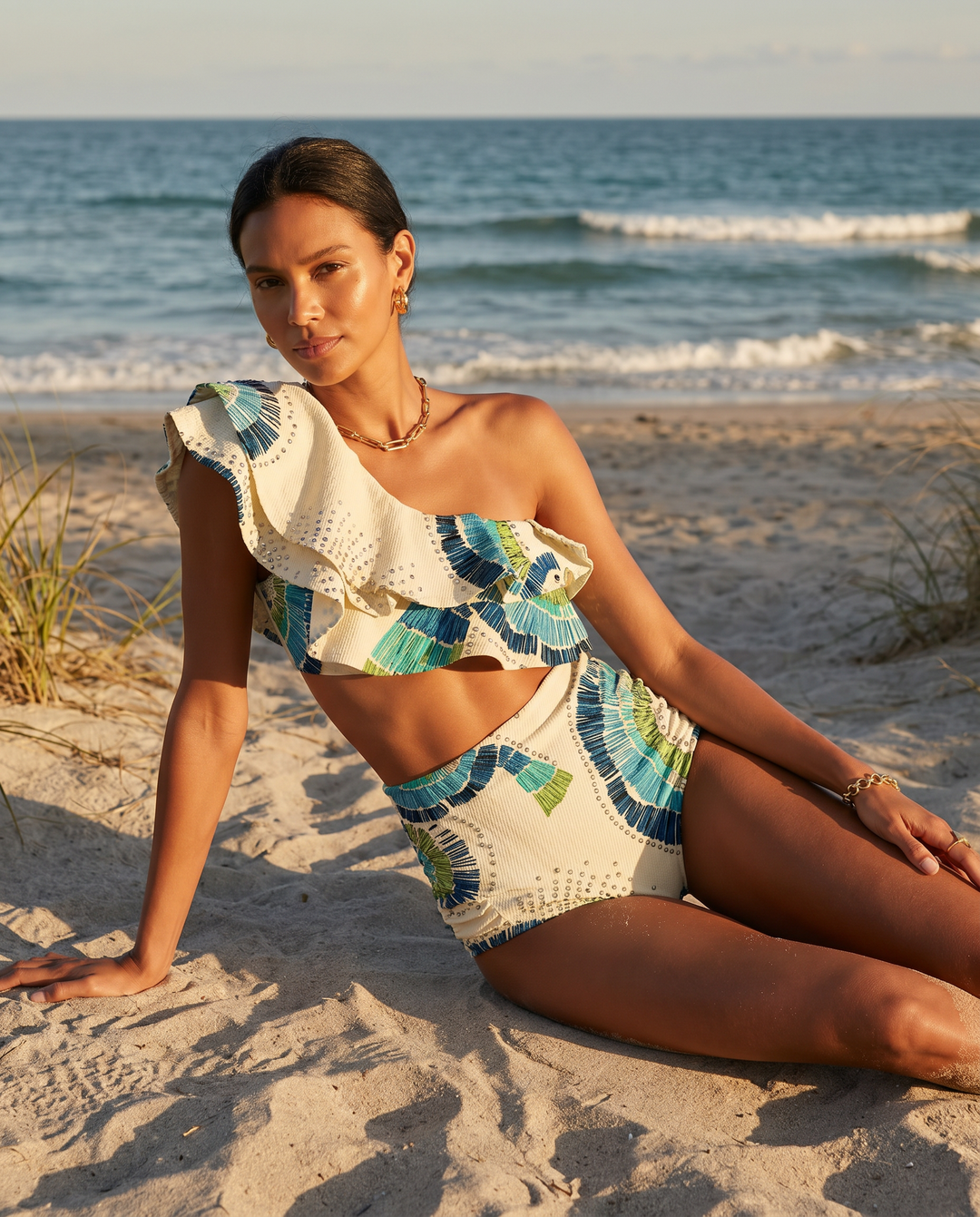 Women's one-shoulder high-waist bikini set with elegant fan print. Perfect two-piece swimwear for summer beach vacations.