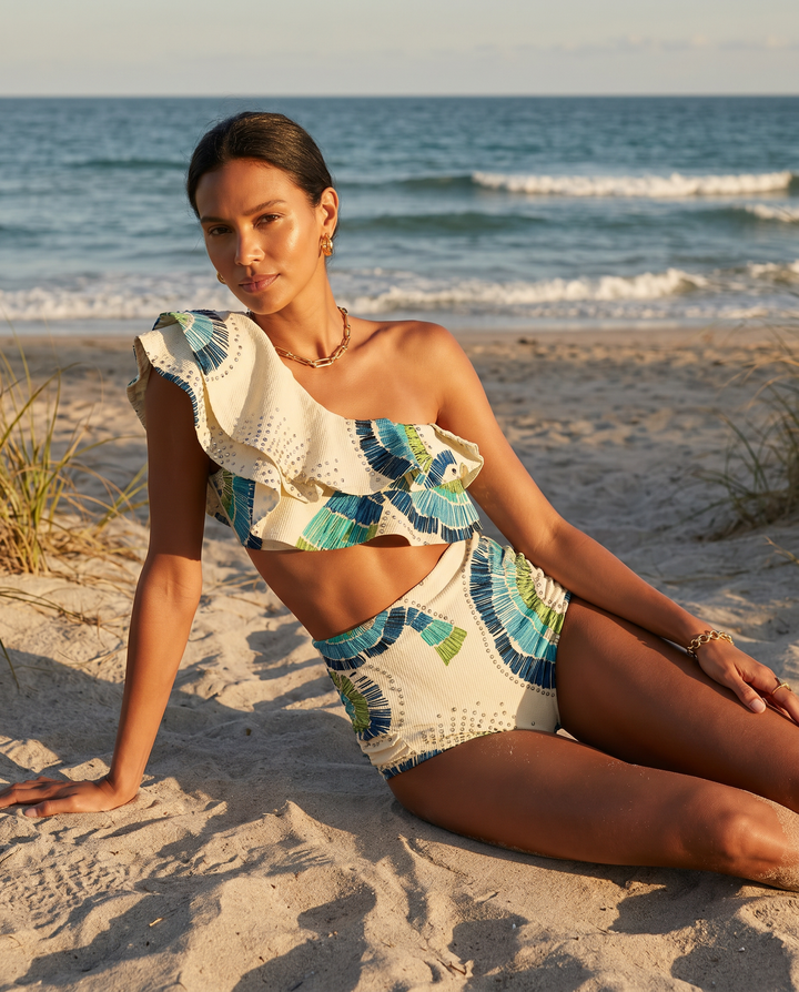 Women's one-shoulder high-waist bikini set with elegant fan print. Perfect two-piece swimwear for summer beach vacations.