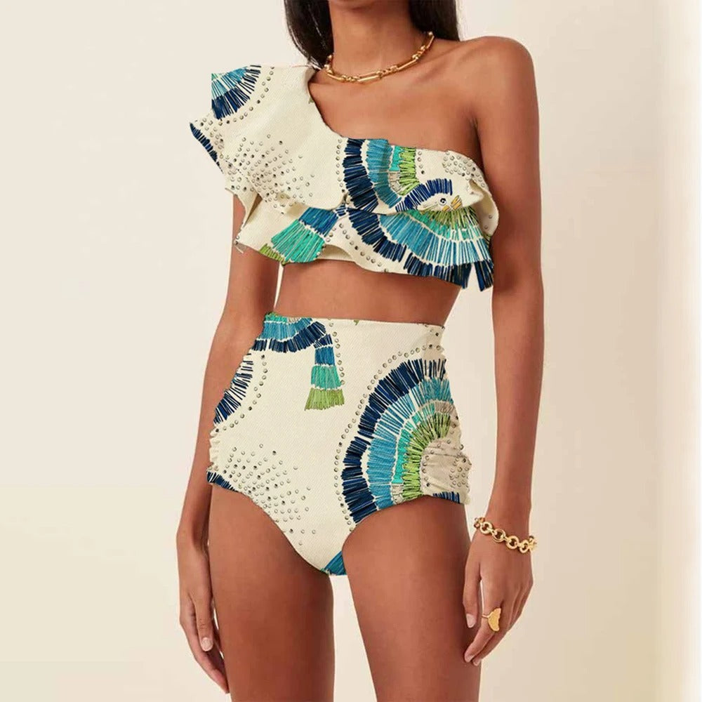 Women's elegant one-shoulder high-waist bikini set featuring a stylish fan print. Two-piece summer beach swimwear.