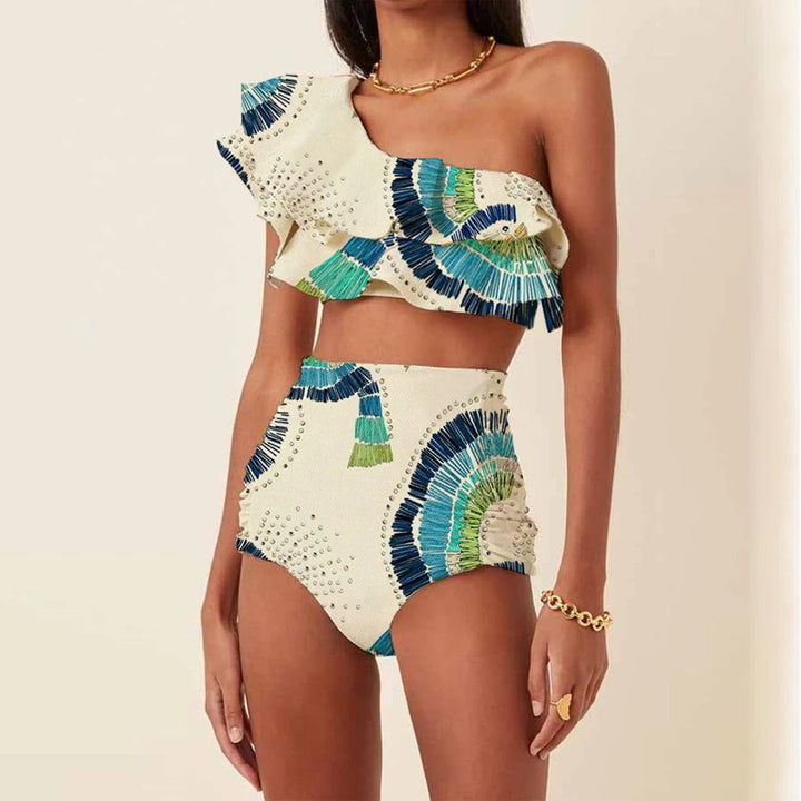 Women's elegant one-shoulder high-waist bikini set featuring a stylish fan print. Two-piece summer beach swimwear.