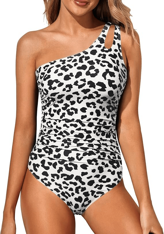 Women's one-shoulder tummy control swimsuit, offering a sleek look for summer fashion and relaxation.