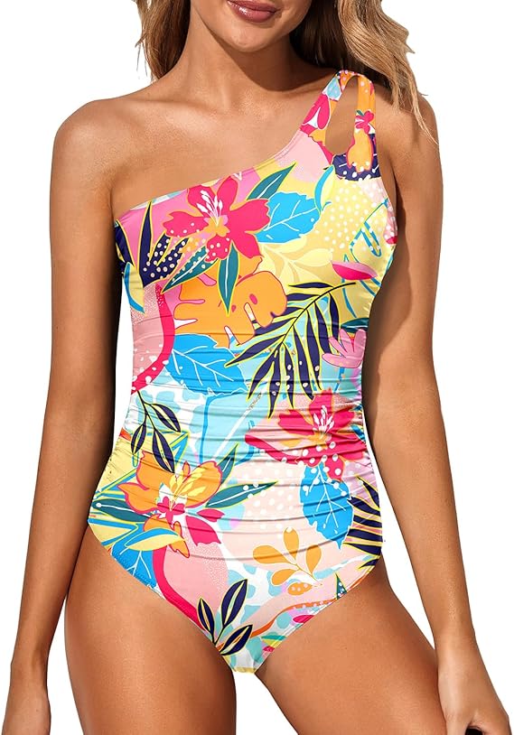 Women's one-shoulder tummy control swimwear in a flattering cut, ideal for summer sunbathing.