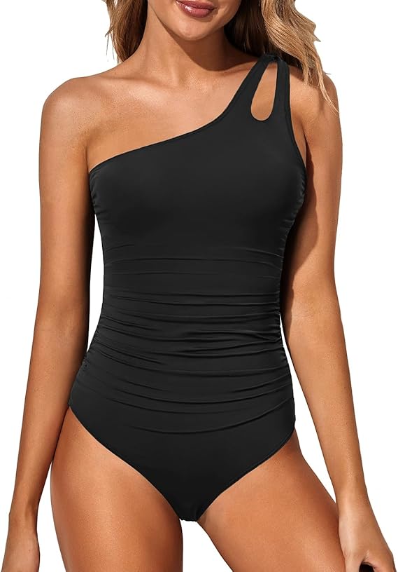 Graceful women's one-shoulder swimwear with tummy control, an essential for your summer wardrobe.