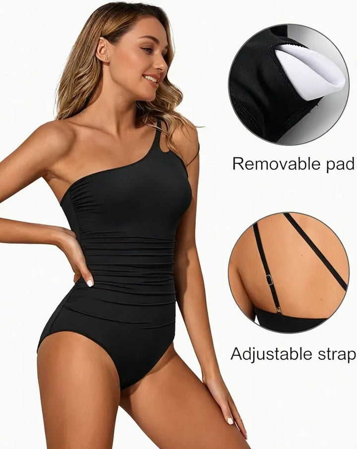 Stylish women's one-shoulder swimsuit designed with tummy control for a sleek and confident fit.