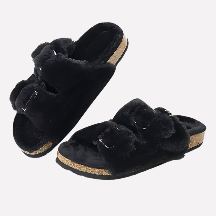 Women's open toe comfort slippers. Casual slide-on footwear for indoor & outdoor relaxation.