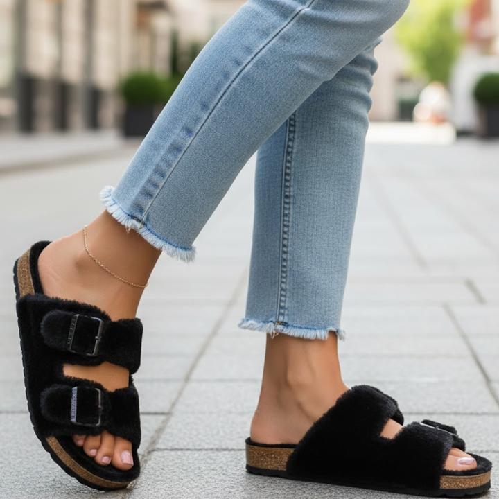 Stylish open toe women's slippers. Modern comfort footwear for indoor & outdoor relaxation.