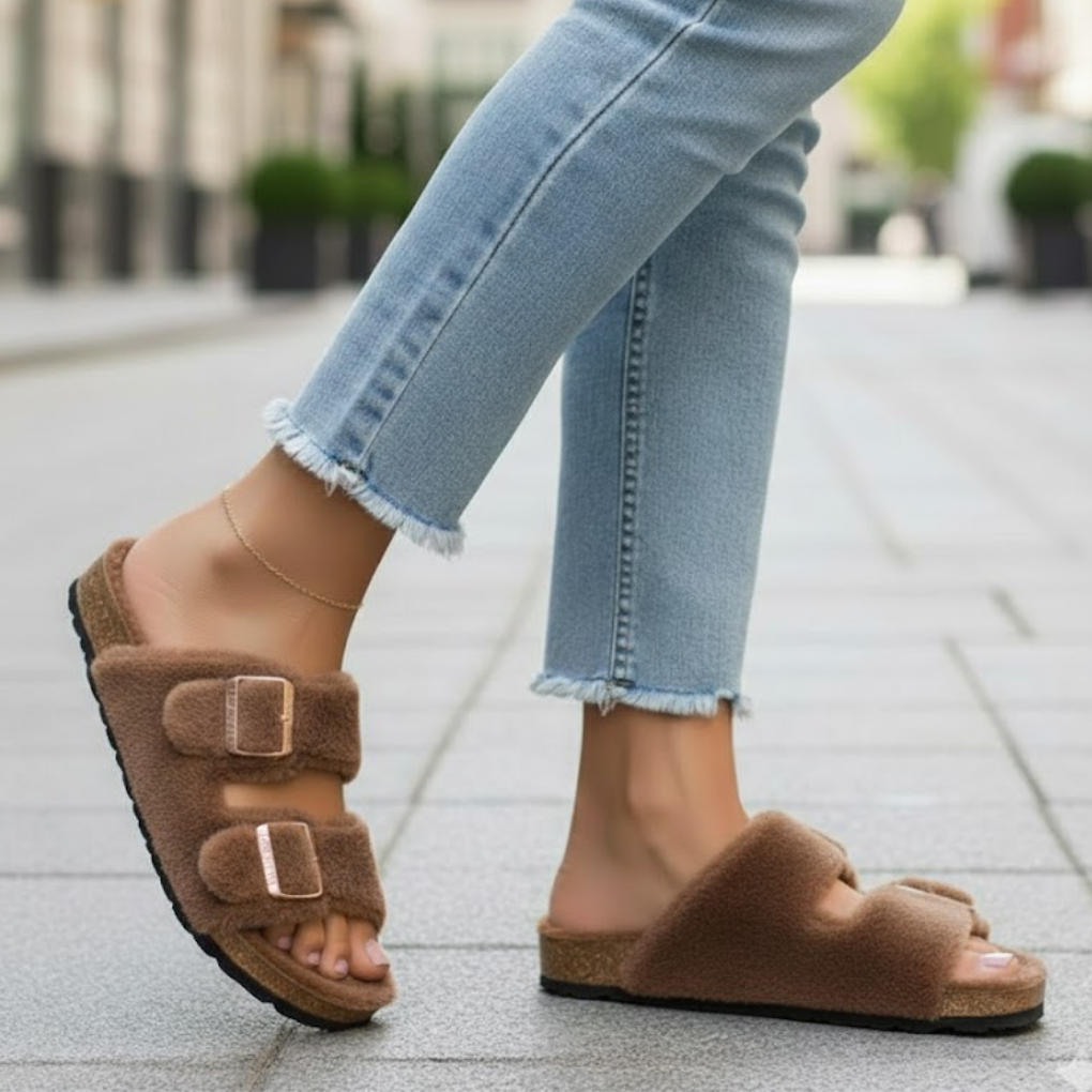 Soft open toe women's slippers for home. Comfortable slide-on footwear for indoor/outdoor relaxation.
