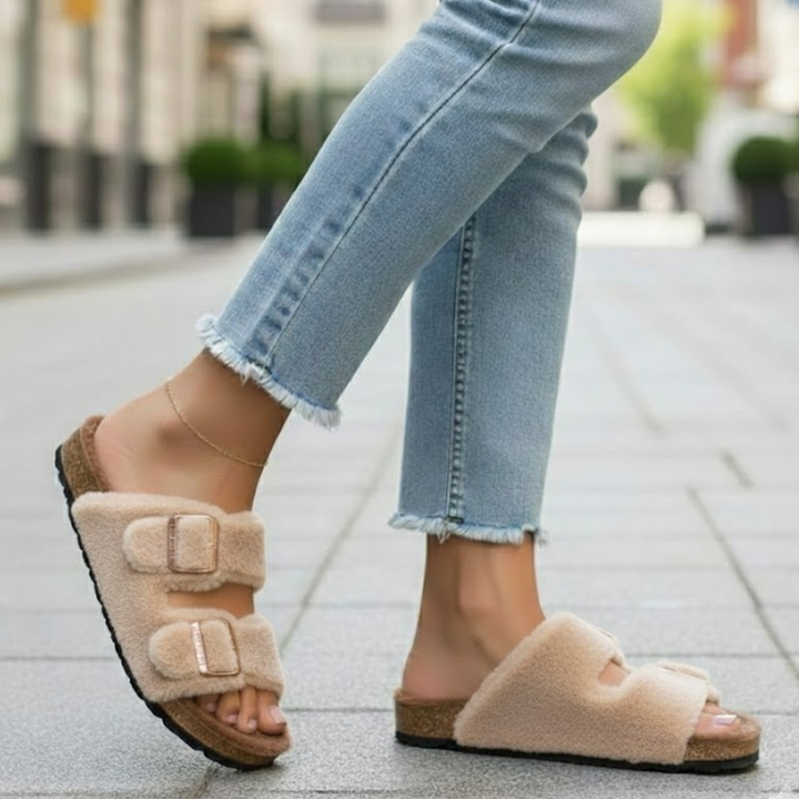 Top view of women's open toe slippers, emphasizing cozy comfort and convenient slide-on design.