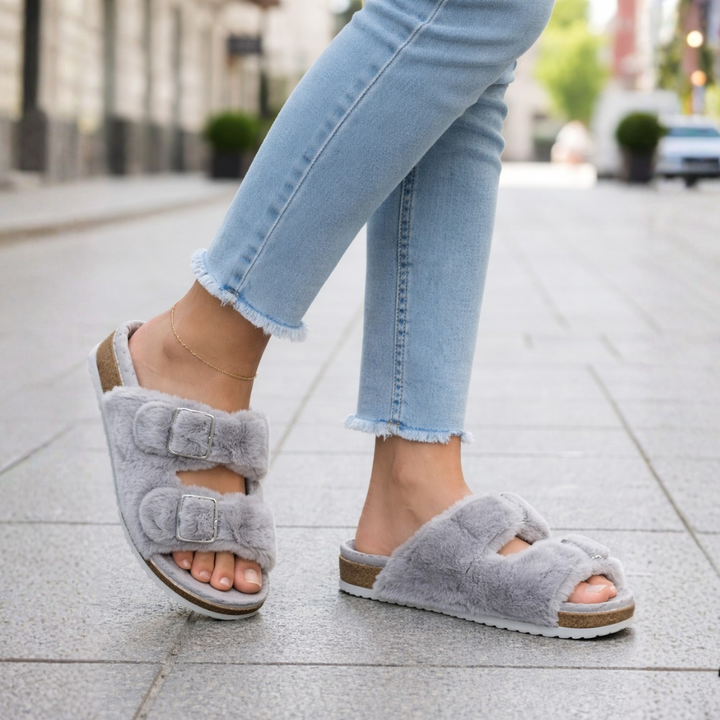 Side profile of casual women's open toe slippers, showcasing stylish comfort for indoor/outdoor wear.