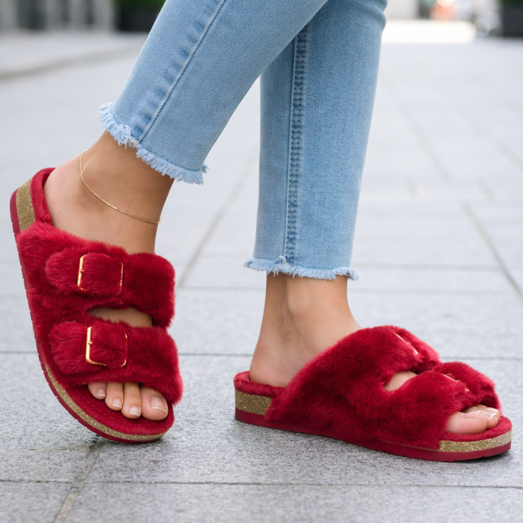 Woman wearing cozy open toe slippers, demonstrating comfort & style for home or casual use.