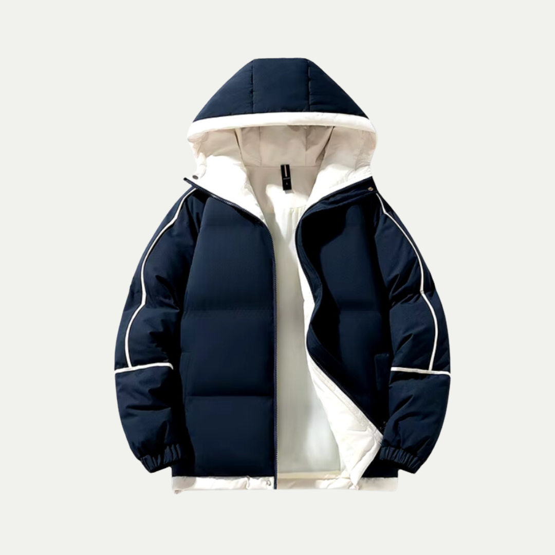 Warm women's puffer jacket with hood, an essential oversized outerwear for chilly winter days.