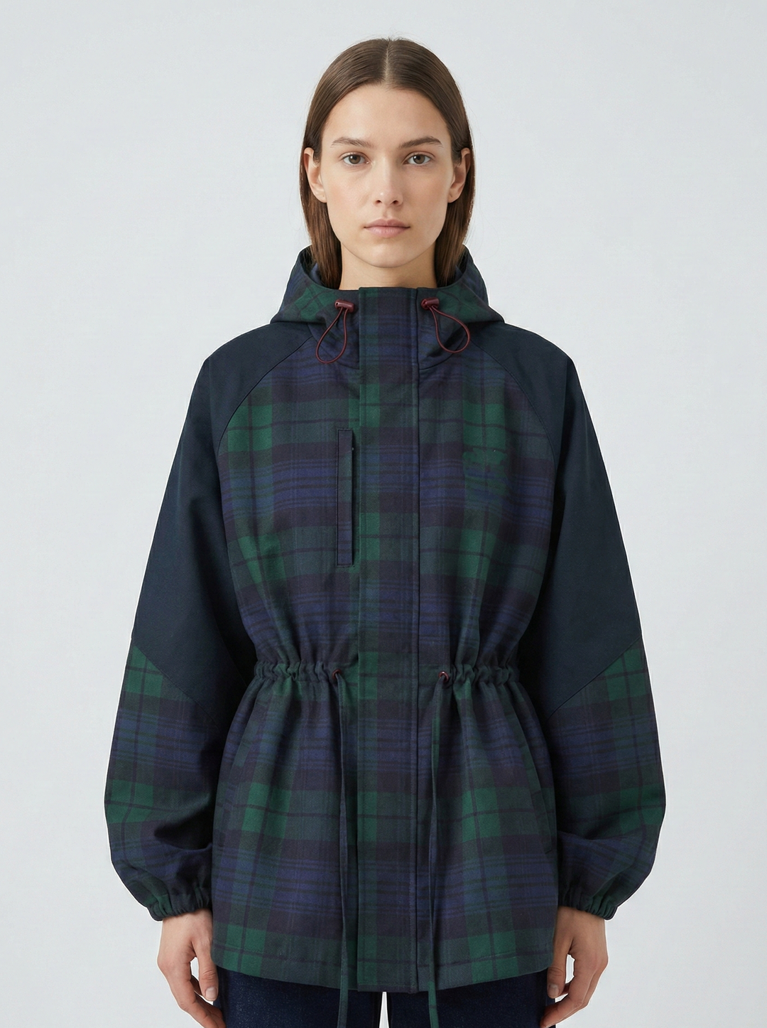 Women's oversized dark blue plaid hooded jacket with adjustable waist, perfect for casual fall fashion outerwear.