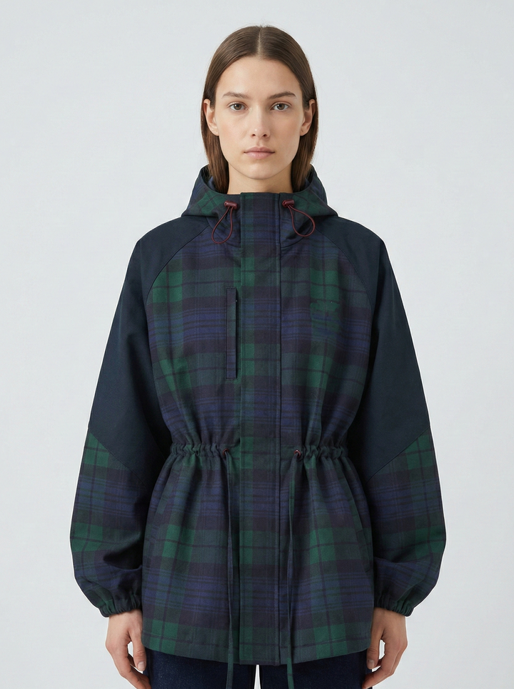 Women's oversized dark blue plaid hooded jacket with adjustable waist, perfect for casual fall fashion outerwear.