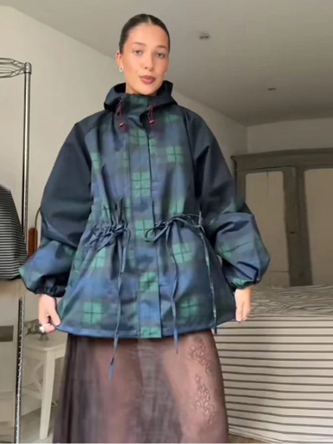 Versatile women's oversized plaid hooded jacket with an adjustable waist, perfect casual outerwear for all seasons.