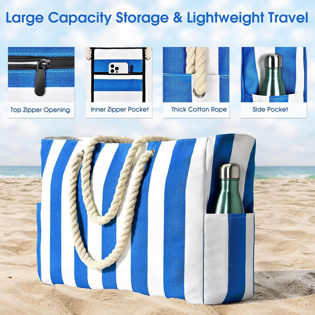 Comfortable carry: Oversized waterproof beach tote, sandproof, with ergonomic straps.