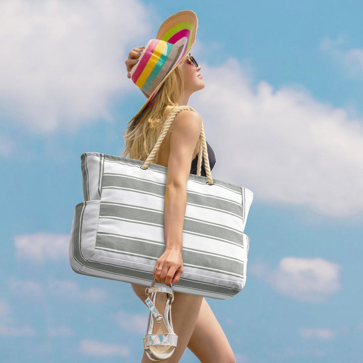 Practical women's oversized waterproof beach tote, sandproof, with ample storage space.