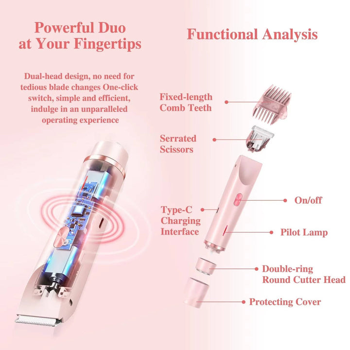 Gentle dual-head women's trimmer for painless facial, bikini, & delicate body hair removal.