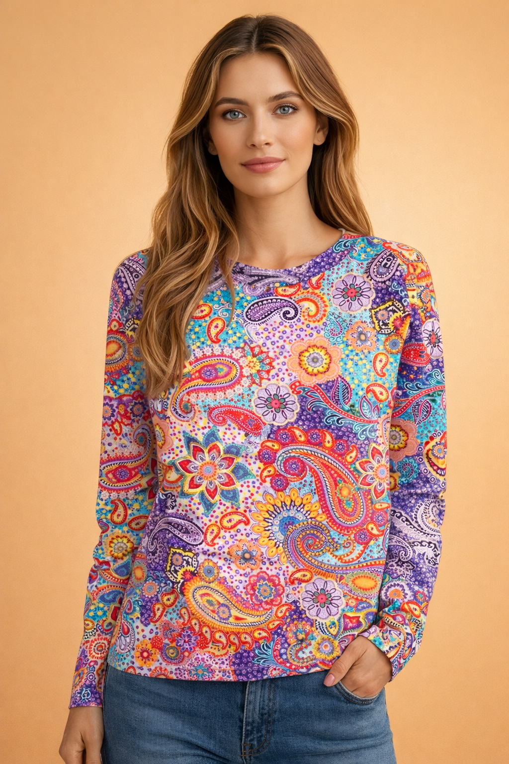 Women's paisley print pullover sweater, long sleeve, for fall & winter chic style.