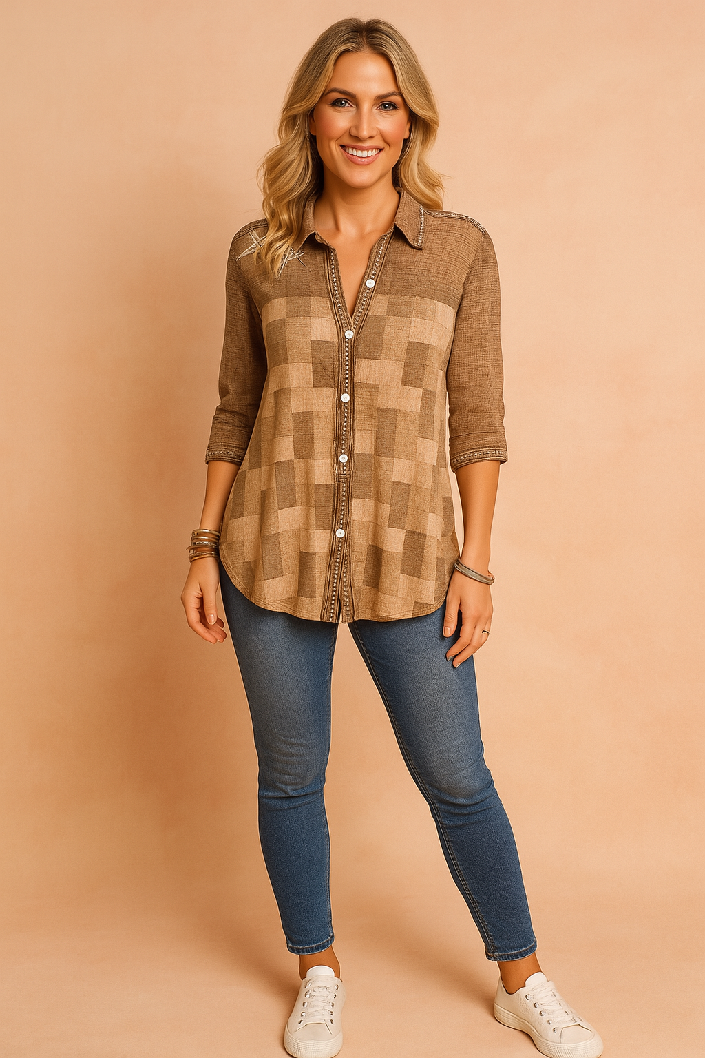 Women's patchwork button-down shirt with 3/4 sleeves, relaxed fit for casual everyday wear.