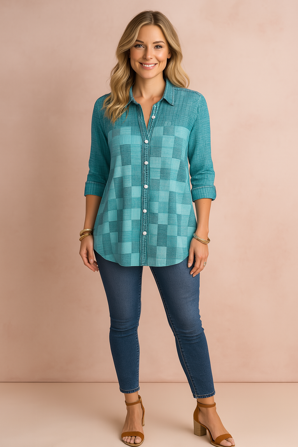 Stylish women's patchwork button-down blouse, 3/4 sleeve, loose fit, perfect for spring/fall fashion.