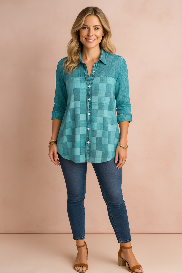 Stylish women's patchwork button-down blouse, 3/4 sleeve, loose fit, perfect for spring/fall fashion.
