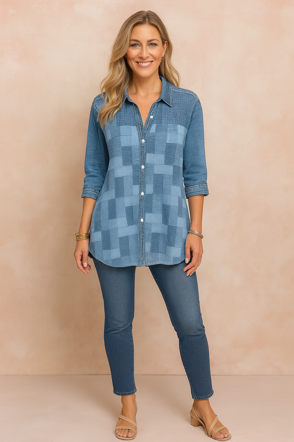 Unique patchwork button-down women's shirt, comfortable 3/4 sleeve, relaxed fit, versatile casual top.