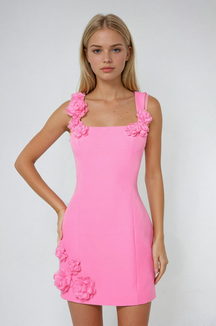 Women's pink floral appliqué mini dress, perfect for summer parties & cocktail events.