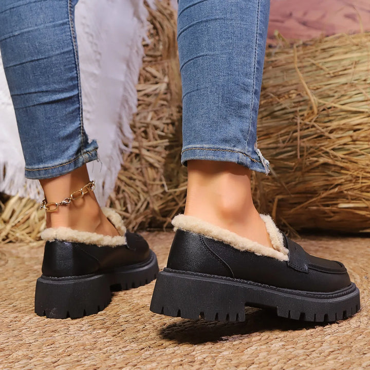 Modern women's platform loafers, chunky slip-on style, versatile footwear for casual & fashion outfits.