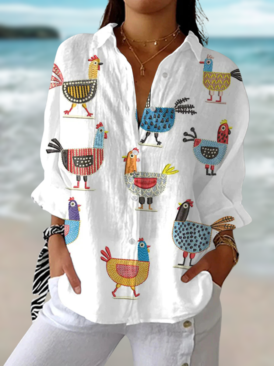 Women's playful hen print blouse; charming, unique casual chic top with a relaxed fit for spring & summer.