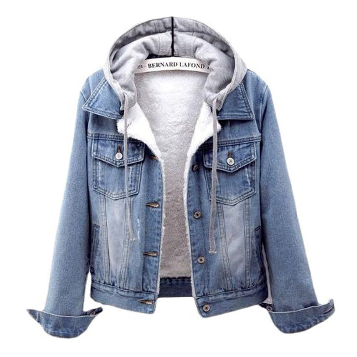 Women's plus size hooded denim jacket. Stylish and comfortable casual outerwear for everyday fashion.