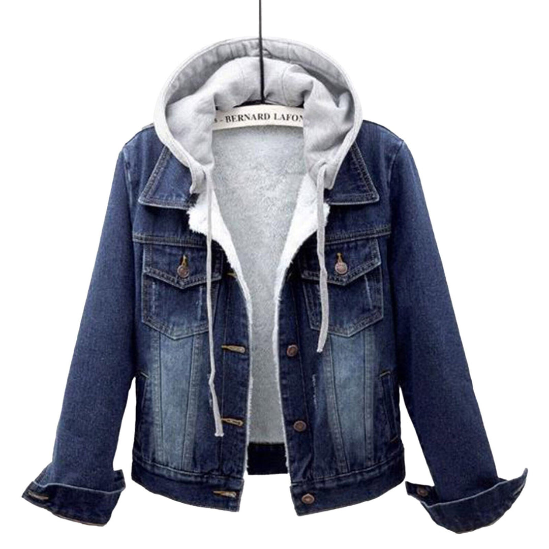 Light blue plus size women's hooded denim jacket. Versatile and chic for curvy everyday fashion.