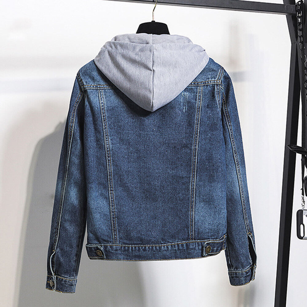 Dark blue plus size hooded denim jacket for women. Comfortable layering piece, perfect for casual style.