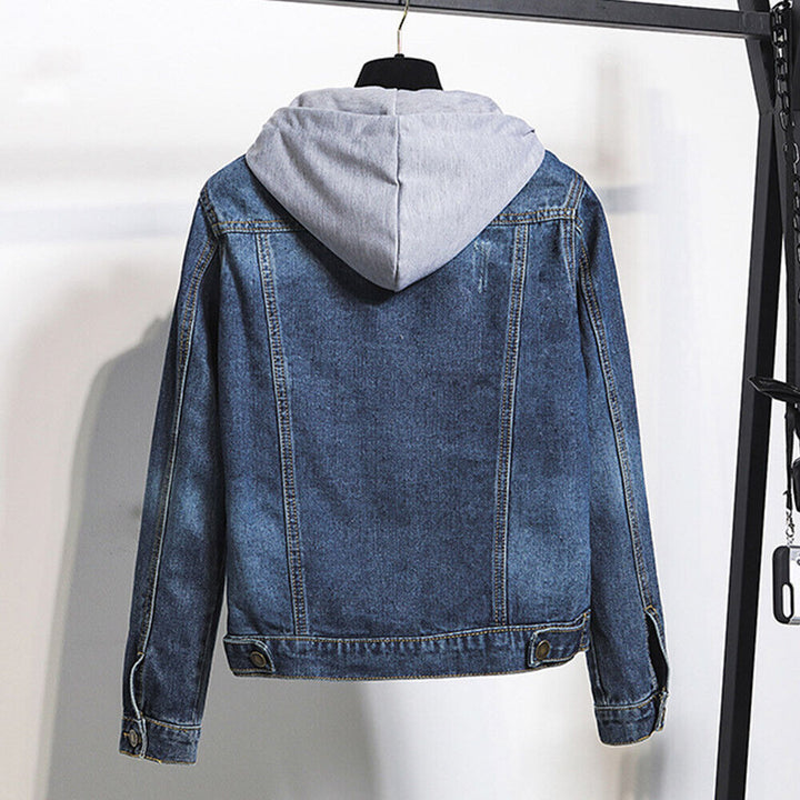 Dark blue plus size hooded denim jacket for women. Comfortable layering piece, perfect for casual style.