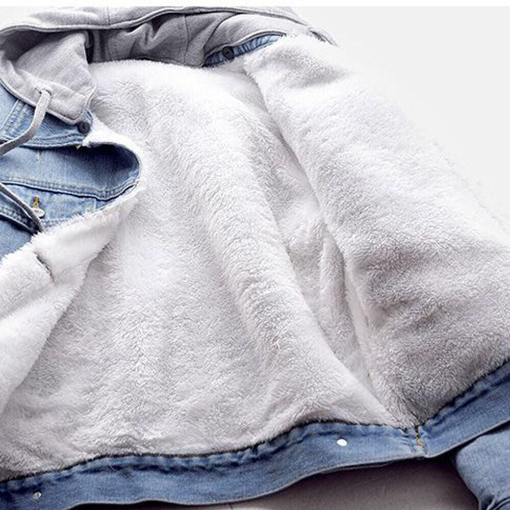 Chic plus size hooded jacket for women. Comfortable, versatile denim outerwear, ideal for stylish layering.